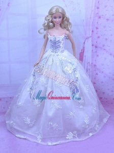 Elegant White Gown With Embroidery and Sequins Made to Fit the Barbie Doll