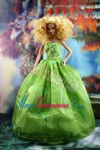 Green Pretty Dress With Embroidery Gown For Barbie Doll