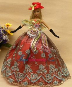 Pretty Appliques Rust Red Strapless Party Clothes Fashion Dress for Noble Barbie