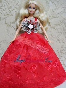 Red Embroidery Dress Handmade Gown for Barbie Doll