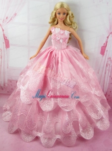 Romantic Pink Gown With Embroidery Dress For Barbie Doll
