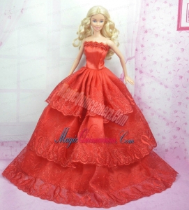 Rust Red Princess Dress With Embroidery Gown For Barbie Doll