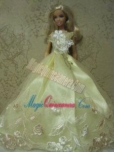 Yellow Green Handmade Dress With Embroidery Gown for Barbie Doll