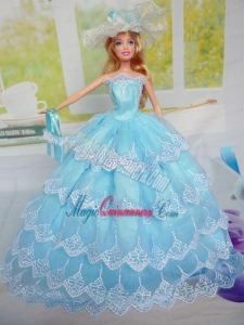 Luxurious Baby Blue Party Clothes for Noble Barbie Doll Tulle
