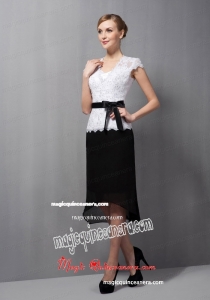 Black and White Column Square Tea-length Lace and Chiffon Sash Mother Of The Bride Dress