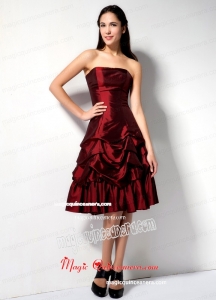 Burgundy A-line Strapless Knee-length Taffeta Pick-ups Mother Dress