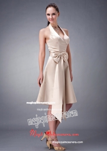 Champagne A-line / Princess Halter Tea-length Satin Sash Mother Dress