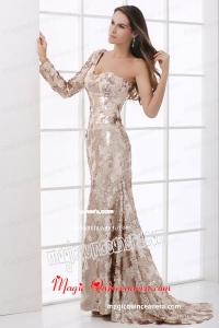 Champagne One Shoulder Lace Long Sleeve Mother Dress with Sequins