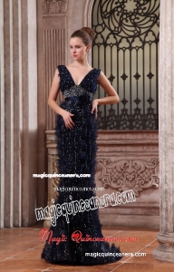 Column V-neck Navy Blue Brush Train Sequins Beading Mother Dress