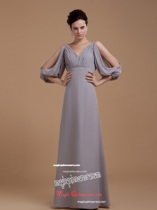 Grey Mother Of The Bride Dress With V-neck 3/4 Length Sleeves Floor-length