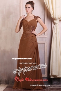 V-neck Column Chiffon Appliques with Beading Mother Dress in Brown