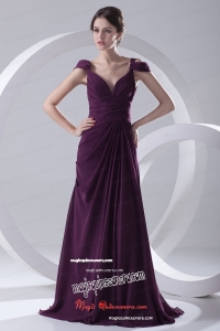 Empire Purple Ruching Straps Cap Sleeves Dresses for Mother