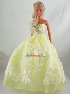 Yellow Green Beautiful Gown With Embrodery Dress For Barbie Doll