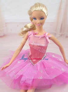 Cute Rose Pink Straps Beaded Decorate Party Dress For Barbie Doll