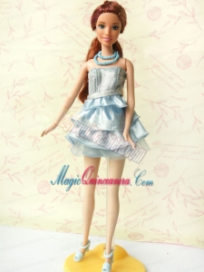 Light Blue Short Party Dress For Noble Barbie With Sequin and Ruffles