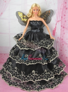 Luxurious Black Strapless Lace Ruffled Layeres Party Clothes Fashion Dress for Noble Barbie