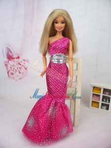 Luxurious Mermaid Asymmetrical Hot Pink Beaded Over Skirt Party Clothes Fashion Dress For Noble Barbie