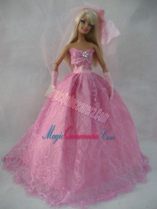 Romantic Rose Pink Strapless Lace Wedding Dress For Barbie Doll