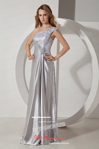 Silver Taffeta One Shoulder Floor Length Beading Column Mother Dress