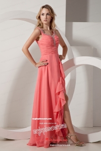 Watermelon Red Empire V Neck Floor Length Chiffon Beading Mother Dress