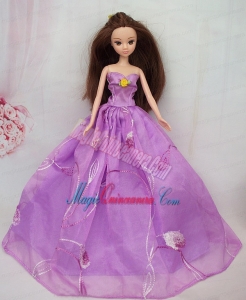 Hand Made Flower Embroidery Lavender Princess Party Clothes Gown For Barbie Doll Dress