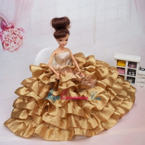 Luxurious Ball Gown Asymmetrical Gold Ruffled Layeres Clothes Party Fashion Dress For Noble Barbie