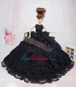 Luxurious Black Lace With Ruffled Layeres Party Dress For Barbie Doll