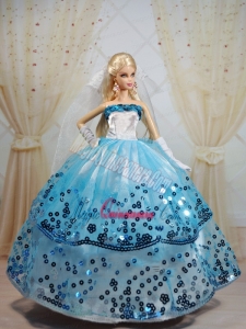 Popular Ball Gown Party Clothes White and Blue Barbie Doll Dress
