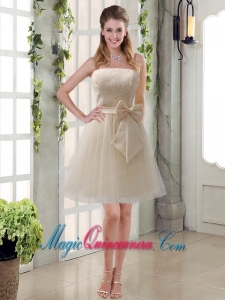 Popular Champagne Strapless Princess Bowknot Dama Dresses for 2015