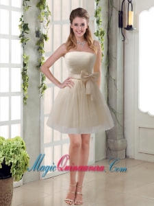 Simple Ruching Strapless Princess Bridesmaid Dama Dress with Bowknot