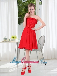 Wonderful Ruching Strapless Bowknot Dama Dress in Red