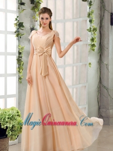 Scoop Ruching Cap Sleeves Chiffon Dama Dresses in Champagne