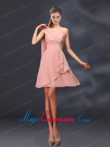 2015 One Shoulder Ruching Chiffon Dama Dresses in Peach