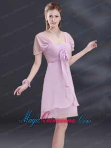 A Line Square Ruhing Dama Dress with Cap Sleeves