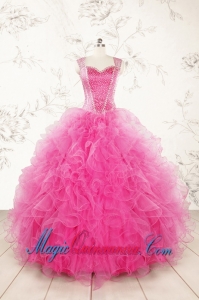2015 Pretty Straps Hot Pink Quinceanera Dresses with Beading