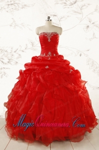 2015 Ball Gown Strapless Beading and Ruffles Red Sweet 15 Dresses
