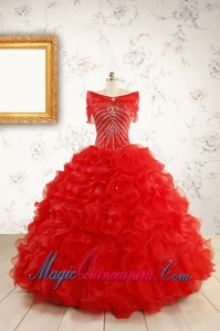 Exquisite Beading and Ruffles Red Quinceanera Gowns with Wrap for 2015