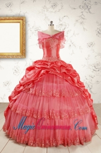 2015 Puffy Appliques Watermelon Quinceanera Dresses with Strapless