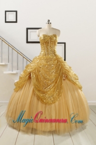 2015 Most Popular Sweetheart Sequined Quinceanera Dresses in Gold