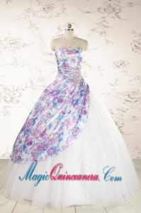 2015 Printed Multi-color Quinceanera Dresses with Beading and Ruching