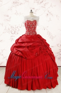2015 Puffy Sweetheart Beading Quinceanera Dresses in Red