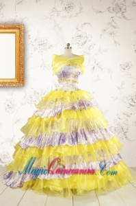 Popular Beading Yellow Sweet 15 Dresses with Sweep Train
