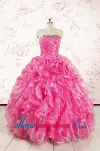 2015 Pretty Hot Pink Quinceanera Dresses with Appliques and Ruffles