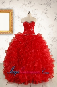 Pretty Ball Gown Sweetheart 2015 Red Quinceanera Dresses with Beading