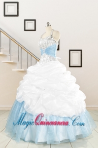 2015 Pretty Halter White and Blue Quinceanera Dress with Beading