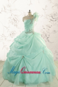 2015 Apple Green One Shoulder Cheap Quinceanera Dresses with Appliques