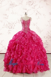 2015 Unique Beading Hot Pink Quinceanera Dresses with Spaghetti Straps