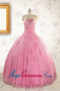 2015 Pretty Pink Quinceaneras Dresses with Appliques and Beading