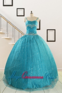 Perfect Spaghetti Straps Appliques Sequins Turquoise Quinceanera Dresses for 2015