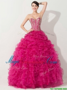 Visible Boning Hot Pink Quinceanera Gown with Beading and Ruffles